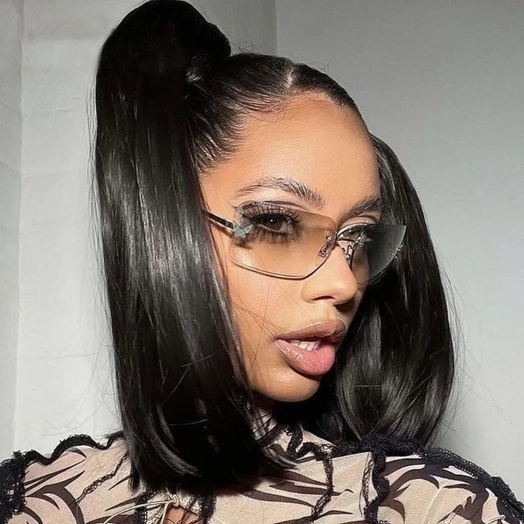 Rectangle Y2K Rimless Diamond Butterfly Accent Women's Sunglasses